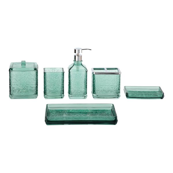 6pcs Glass Bathroom Accessories Set Aqua With Vintage Floral Debossed