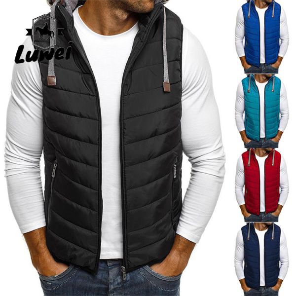Casual Outdoor Hooded Utility Warm Plus Size Zipper Drawstring Coatsmen Lightweight Quilted Waistcoat Vest