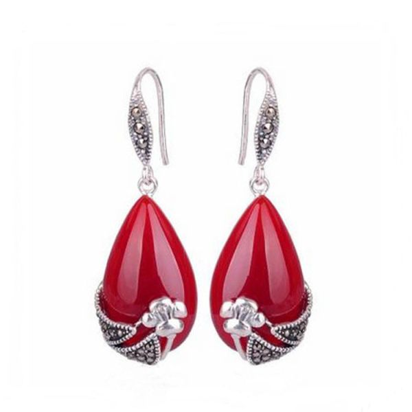 Sterling Silver Red Agate Dangle Earrings Thai Vintage Jewelry (E12037RED)