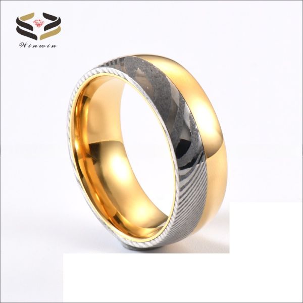 Men Gold Silver Two Tone Damascus Steel Wedding Band 8mm Polished with Tungsten Linner