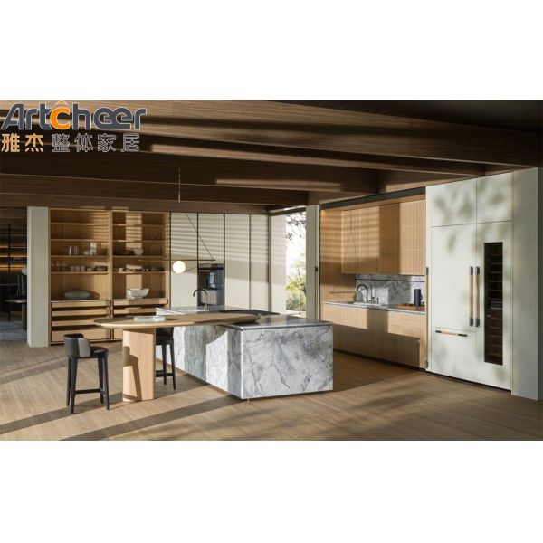 Modern Stylish Kitchen Cabinet with Light Oak Veneer Laminated and Customizable Size