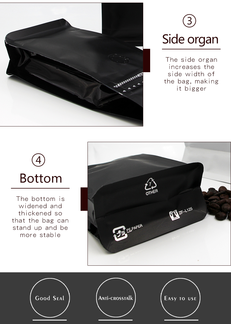 70g-1kg Capacity Flat Bottom Zipper Coffee Pouch Packaging With Air Degassing Valve