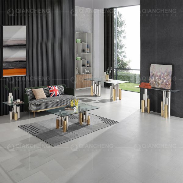 Modern 12mm Thick Tempered Glass Top Dining Table With Stainless Steel Base