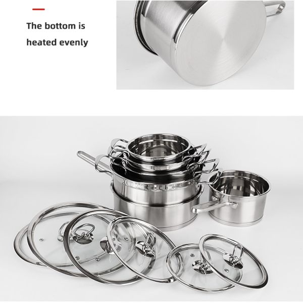 High Quality Kitchen Warethree-layer Double Bottom Stainless Steel Cookingware Set Cookware Set Cooking Pot And Pans Set