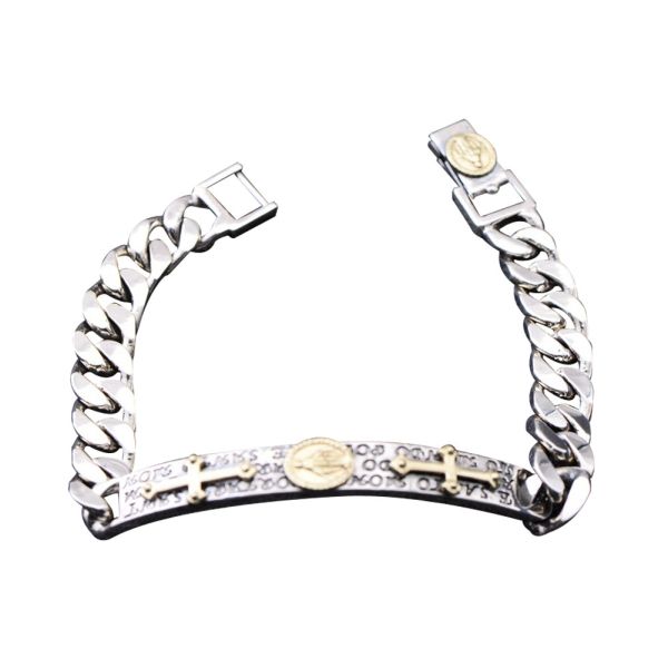 925 Sterling Silver Chunky Curb Chain Link Cross Charm ID Bracelet (XH058592)