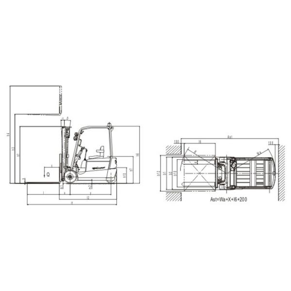Seated 3 Wheel Electric Forklift Truck 48V Battery 1552mm Turning Radius