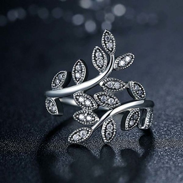 Sterling Silver Pave Clear Cubic Zircon Leaves Band Ring Vintage Style Jewelry (R12281)