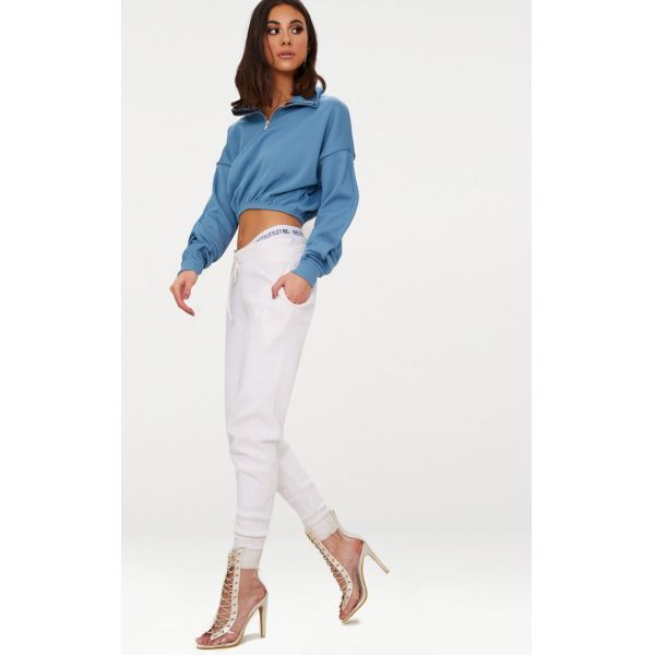 Zip front crop sweater long sleeves blue