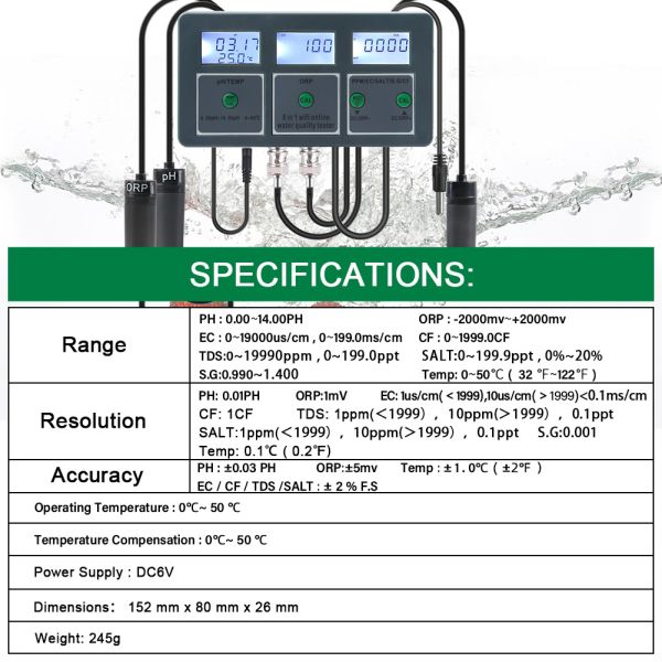Lab Pool Water Tester Tuya WiFi 8 in 1 Digital PH/TEMP/ORP/PPM/EC/SALT/S.G/CF Testing