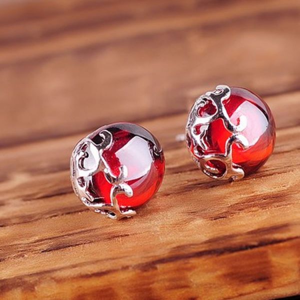 Sterling Silver 10mm Round Red Garnet Stud Earrings Vintage Thai Silver Jewelry(E11065RED)
