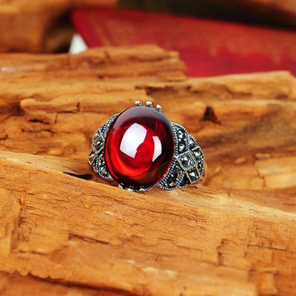 Thai Silver Jewelry Sterling Silver Red Cubic Zirconia Marcasite Ring (R111702)