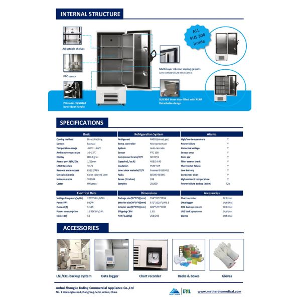 408L Capacity Biomedical Ultra Cold Freezer Minus 80 Degrees