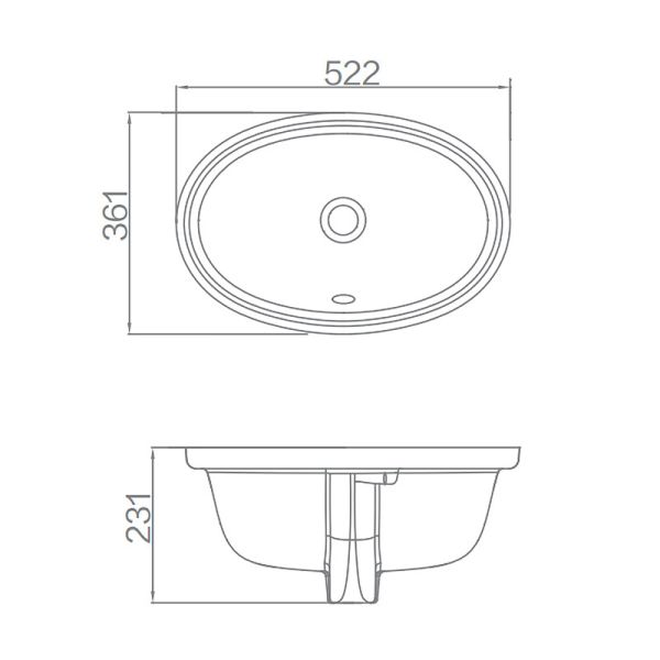 Porcelain Bathroom Basin Modern Under Counter 522x361x231mm
