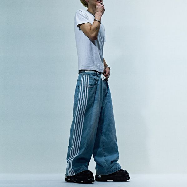 Clothing Manufacturers Custom High Quality Blank Acid Wash Stacked Jean Denim Stacked Sweatpants Straight Leg With Stripe