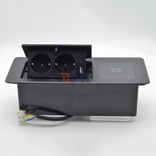 Desktop Tabletop Power Outlet Hidden Charging Sockets Multi-Connection Pop-Up Socket featuring Wireless Charging EU plug