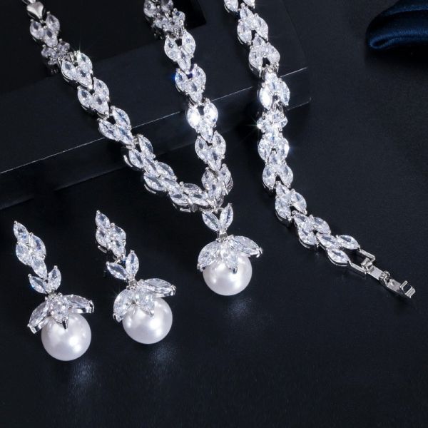 Pearl Necklace Set Earrings Rings Women CZ Wedding Jewelry Sets 2021 NewWedding Jewelry Sets
