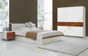 Quality microfiber leather decorated double bed on sale, sliding wardrobe and night stand wholesale
