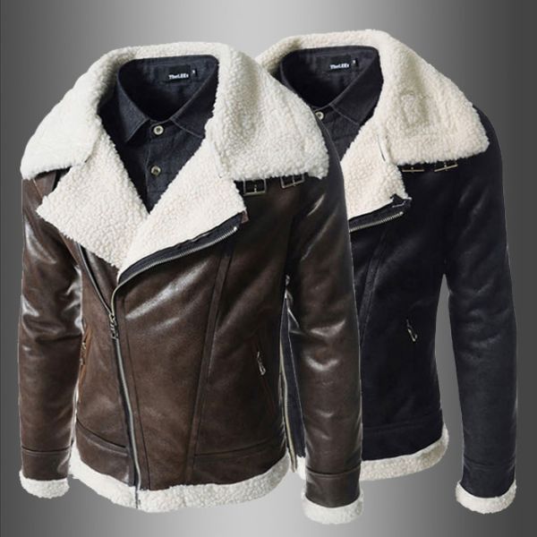 Fashion Winter Sheepskin Lined Leather Jacket , Mens Faux Leather Aviator Jacket