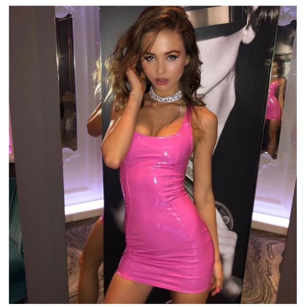 U Neck Sleeveless PU Leather Mini Dress