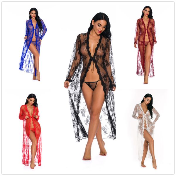 Sexy See Through Long Lingerie Plus Size 2 Pieces Lace Sleepwear for Women