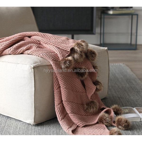 Y-F Home Decor New Nordic Style Soft Fluffy Chenille Knitted Pom Pom Tassel Sofa Throws Plush Couch Crochet Blanket