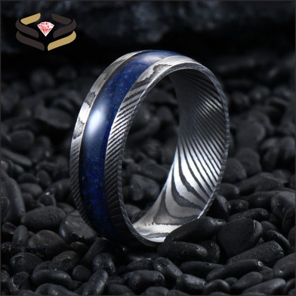 Men'S Damascus Steel Wedding Band Third Party Appraisal 8mm With Lapis Lazuli Inlay