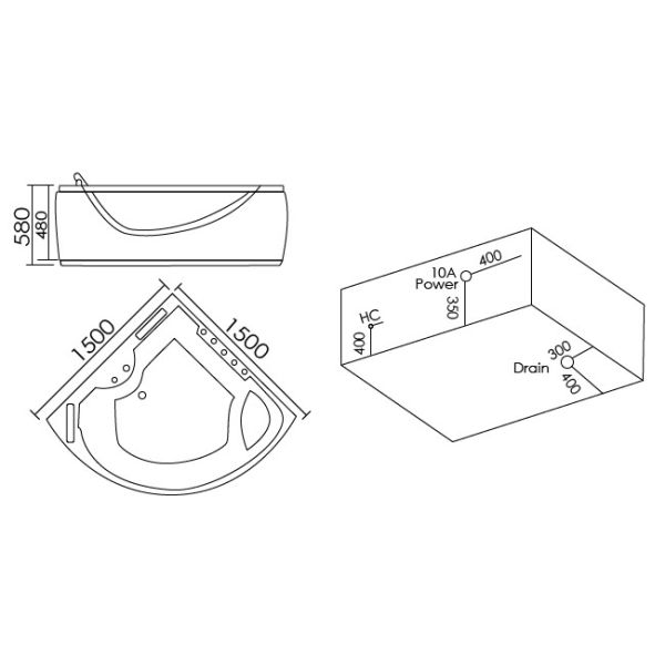 Hydromassage Bathroom Jacuzzi Tub With 2 Seats Corner Installation