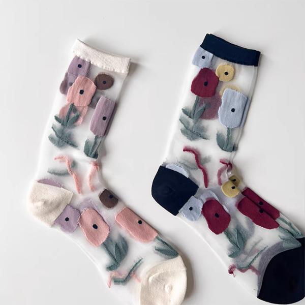 Chic Custom Flower Jacquard Crystal Socks Women'S Summer Wear Transparent Socks