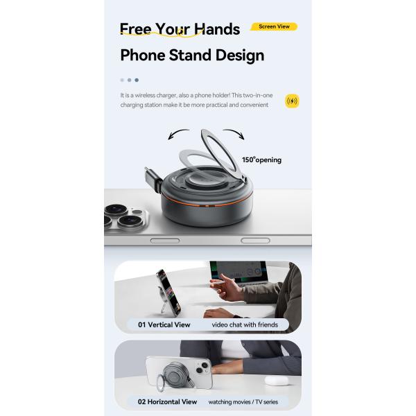 ESSAGER Z19 15W Magnetic Wireless Charger with Retractable Cable