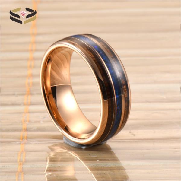Rose Gold Plated Tungsten Carbide Ring with Koa Wood and Blue Opal Inlay Unisex 8mm Fashion Jewelry Wedding Bands Rings