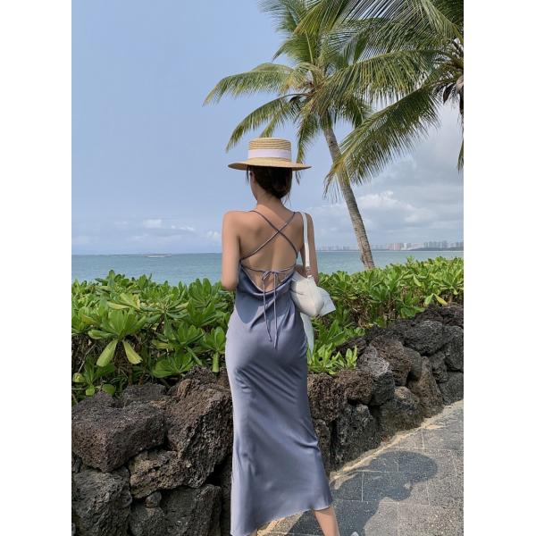 Satin Sling Strap Women's Beachwear Dresses 125cm Sleeveless