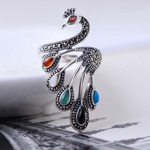 Vintage Open Adjustable Thai 925 Silver Multicoloured Gemstone Marcasite Ring(059070)