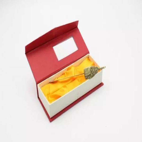 custom red bookmark gift box with silk cloth hinged rigid bookmark box with window