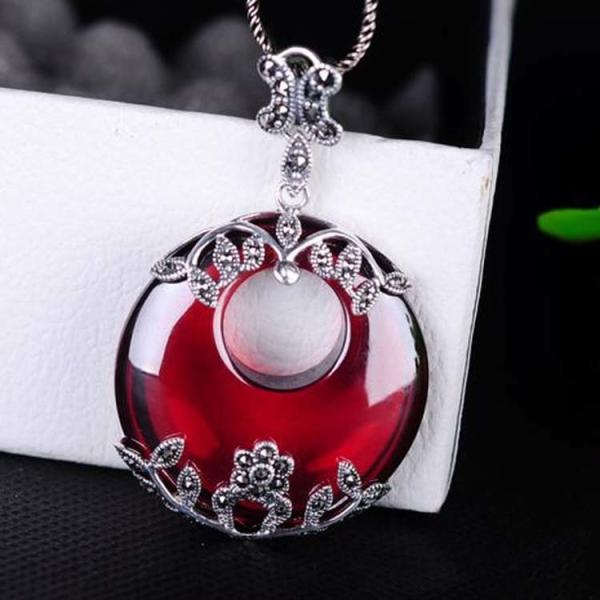 Thai Silver Garnet Pendant Necklace Marcasite Retro Jewelry(N11061RED)