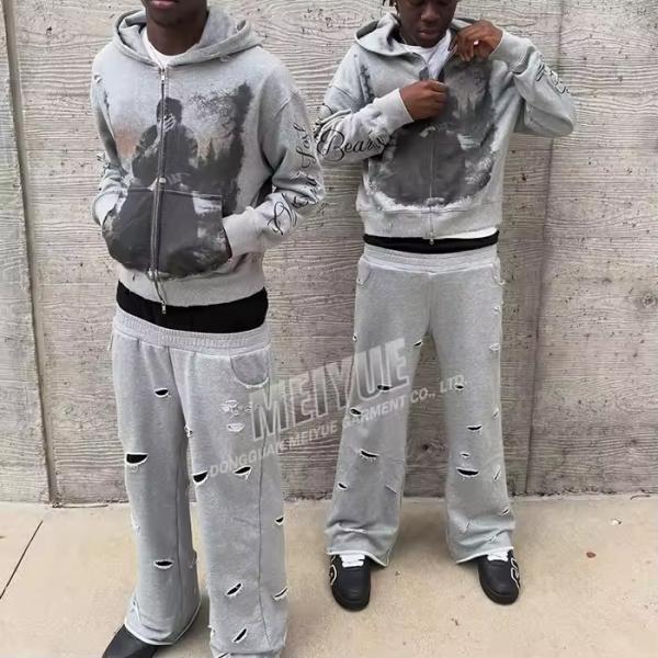 Custom Dtg Print Distressed Zip up Hoodie Flared Baggy Stacked Sweatpants Joggers Set Hoodie Tracksuits Sweat Suit Set Men
