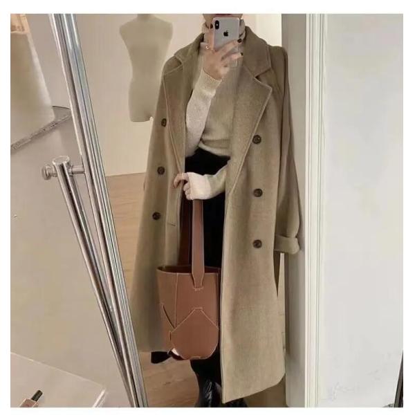 Fall and Winter Woman′s Coats Ladies Jackets Woolen Solid Turn Down Collar Long Coats for Woman
