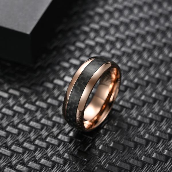 Natural Rose Gold Plated Ring Wedding Men Stainless Steel And Carbon Fiber Ring