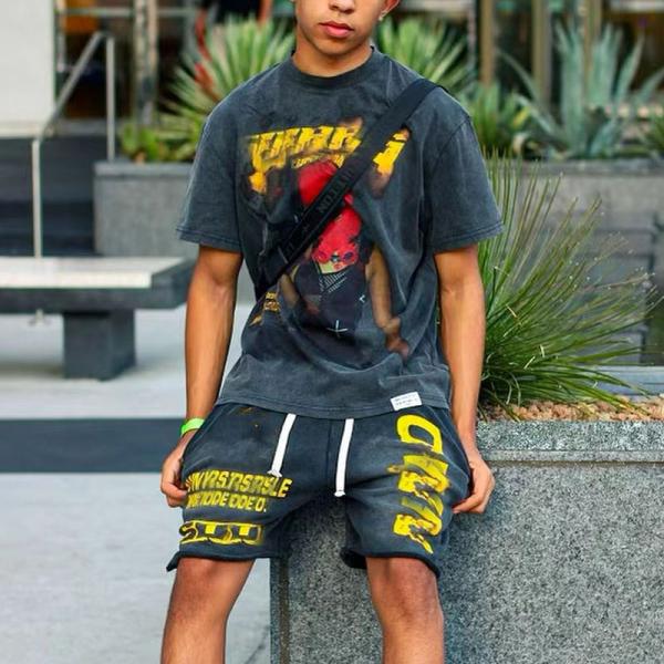 Streetwear Summer 100 Cotton Tracksuit Shorts Set Mens Screen Printing Heavyweight