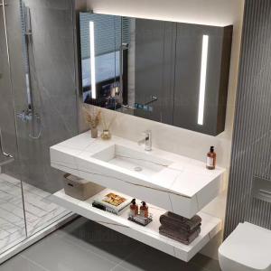 Quality Oem Bathroom Vanity Units Sintered Stone Countertop Basin Led Mirror Storage Cabinets wholesale