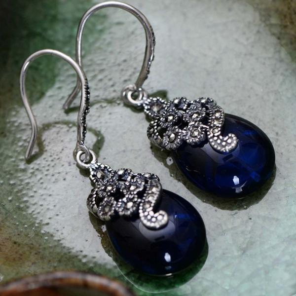 Women Retro Sterling 925 Silver Synthetic Sapphire Marcasite Drop Earrings (029331)