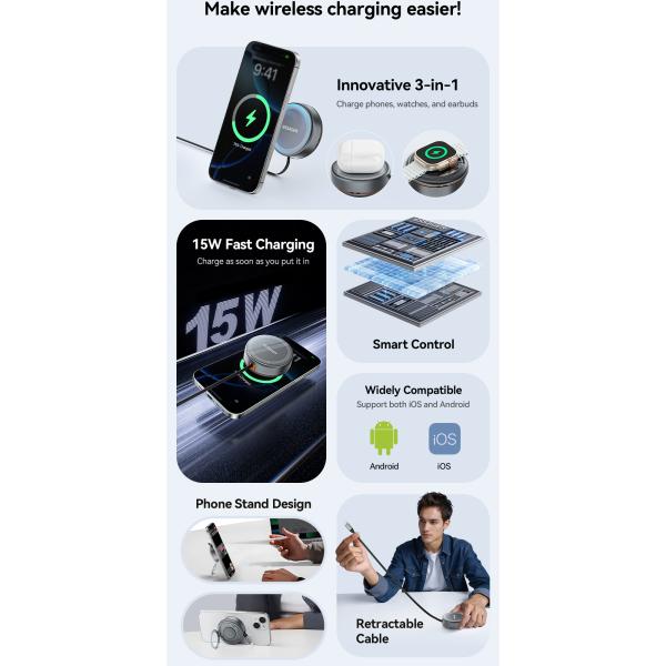 ESSAGER Z19 15W Magnetic Wireless Charger with Retractable Cable