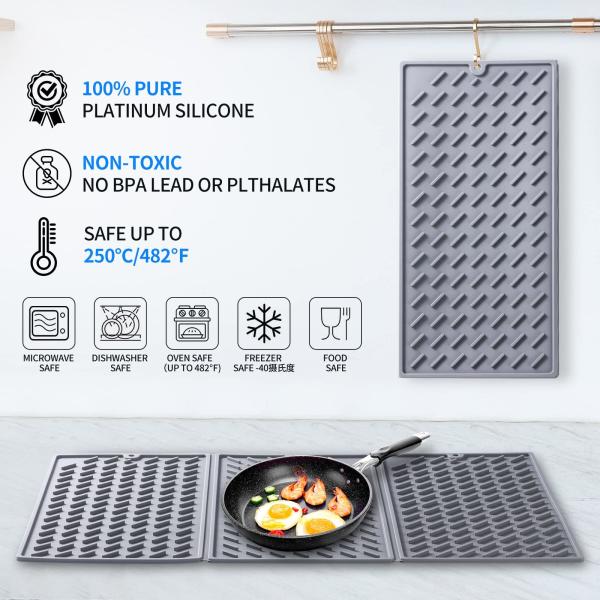 Silicone Collapsible Trifold Dish Drying Mat For Kitchen Counter Extra Large Dish Drainer Mat Compact &Foldable Design