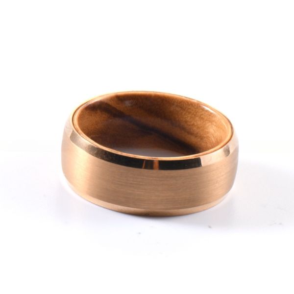 Geometric 8mm Mens Wooden Wedding Ring with Olive Wood Insert Rose Gold Tungsten Carbide Beveled Edges Comfort Fit