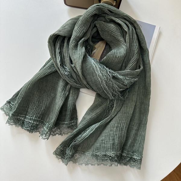 Y-Z Luxury Shawl Scarf Women Korean Lace Embroidery Plain Color Cotton and Linen Scarf Sunscreen Scarves