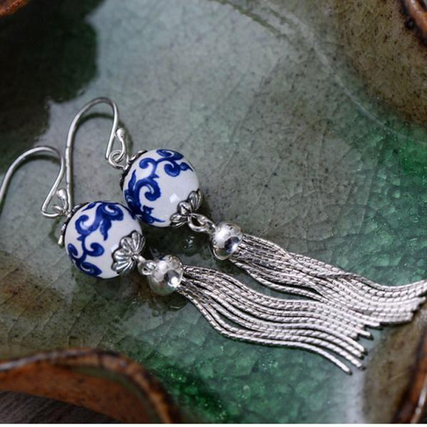 Fashion Ceramic Bead Sterling Silver Tassels Earrings(054268)