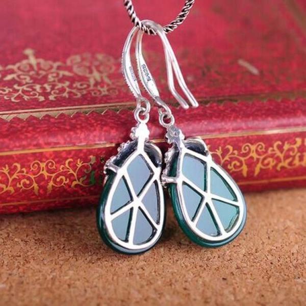 Retro Jewelry Thai 925 Silver with Marcasite Green Agate Earrings(LR1036GREEN)