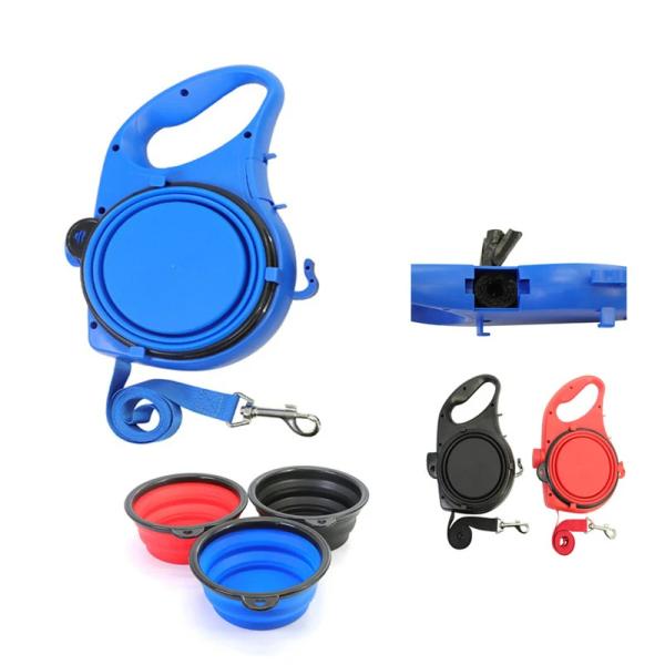 Blue Orange Dog Leash Water Bowl Retractable Nylon Dog Lead With Water Bowl