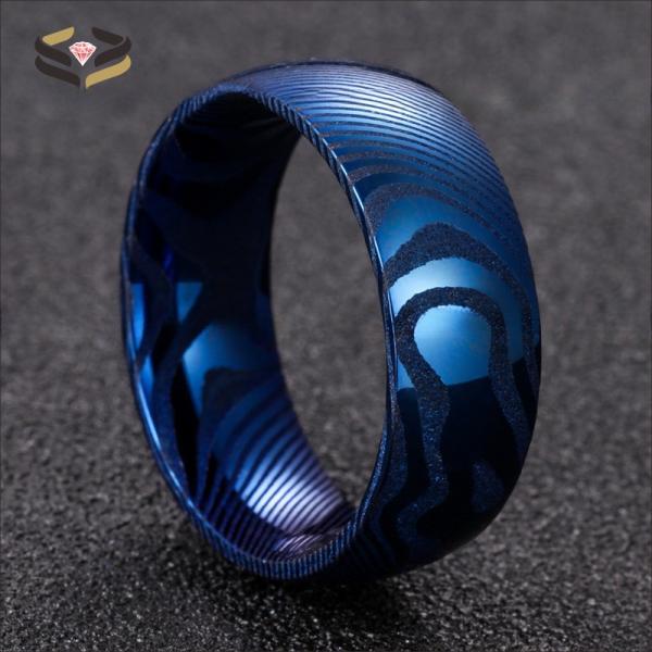 Bold Hand Wedding Damascus Steel Mens Ring 8mm Blue Religious Type Domed Wood Grain