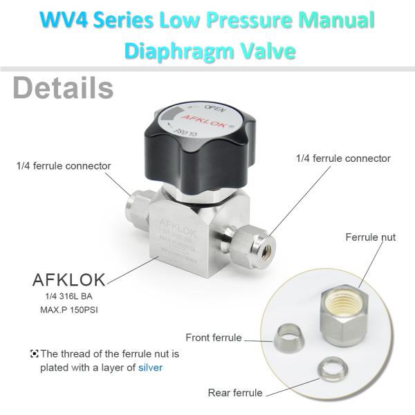 Low Pressure Manual Stainless Steel Diaphragm Valve 1/4in 150psi For Nitrogen Oxygen Helium
