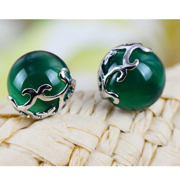 Sterling Silver Green Agate Stud Earrings Vintage Thai Silver Jewelry (E11065GREEN)